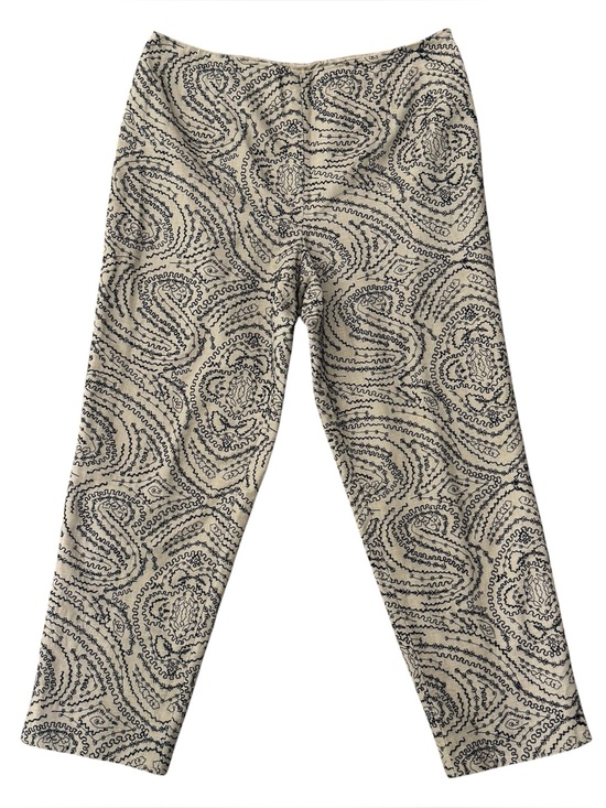 Talbots Pants - Talbots Beige Woven Linen Blend Navy Blue Embroidered Ankle Straight Leg Pant 14